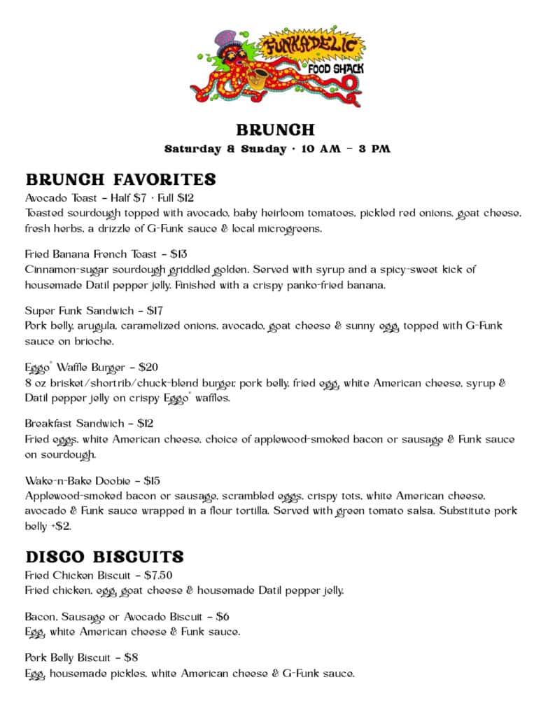 Brunch menu from Turnipseed Food Shack listing brunch favorites and disco biscuits, with item descriptions and prices.