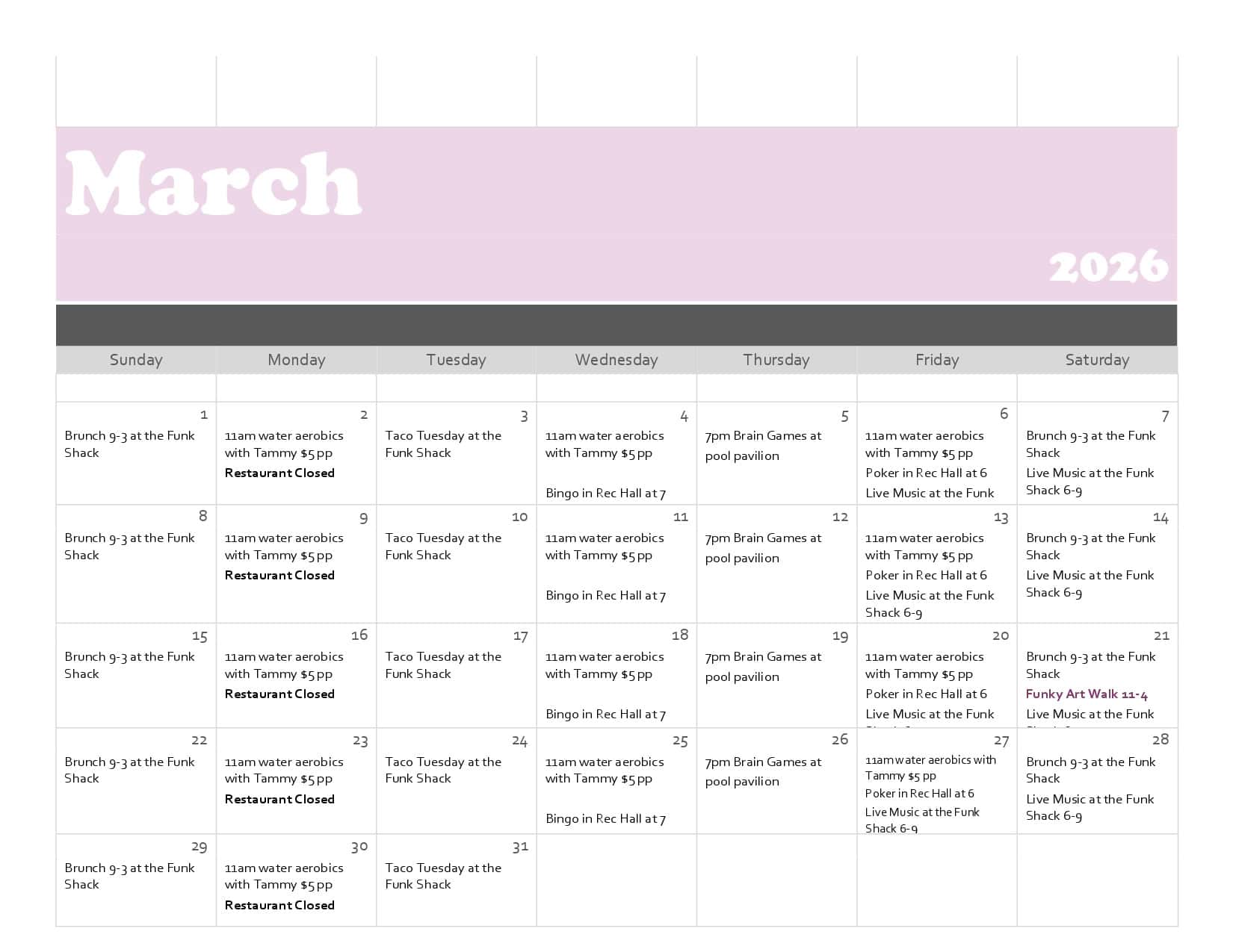 March 2026 calendar with daily events such as brunch, swim water aerobics, Bingo, brain games, live music, and restaurant closures marked throughout the month.