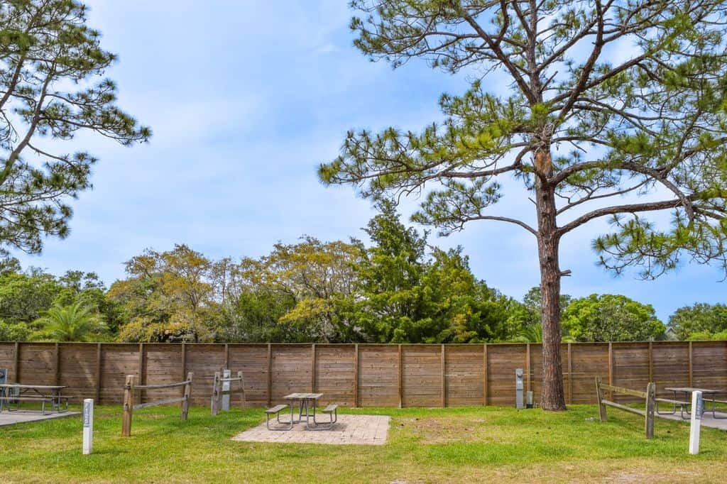 A picnic table and benches sit on a paved area in a grassy park, surrounded by trees and a tall wooden fence under a blue sky.