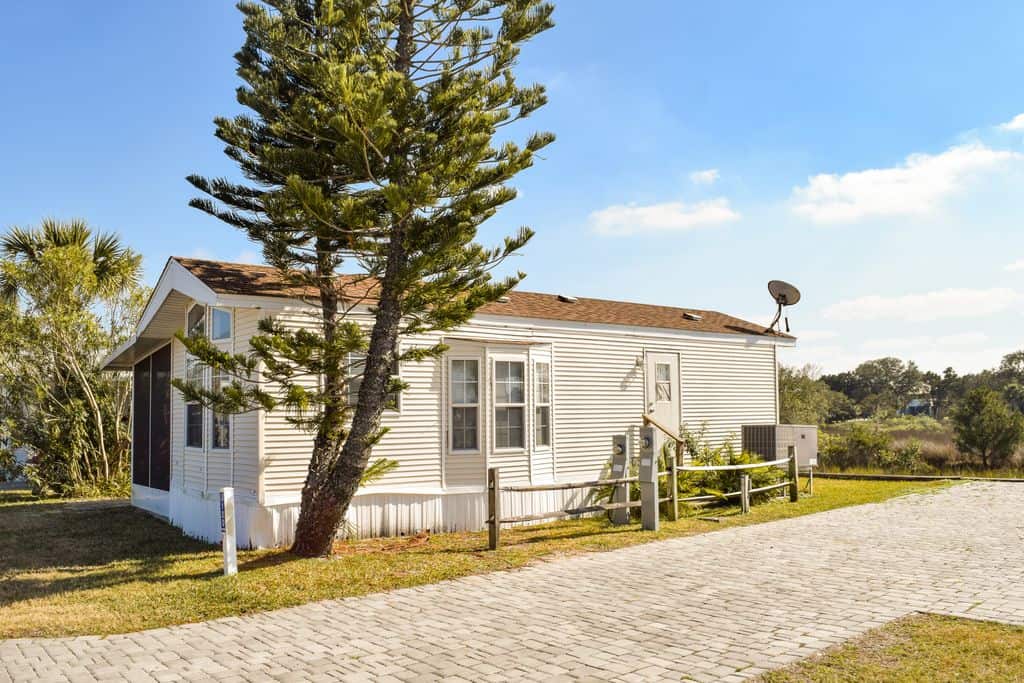 Single-story manufactured home with beige siding, a brown roof, and a large pine tree in front, next to a paved driveway under a clear sky.
