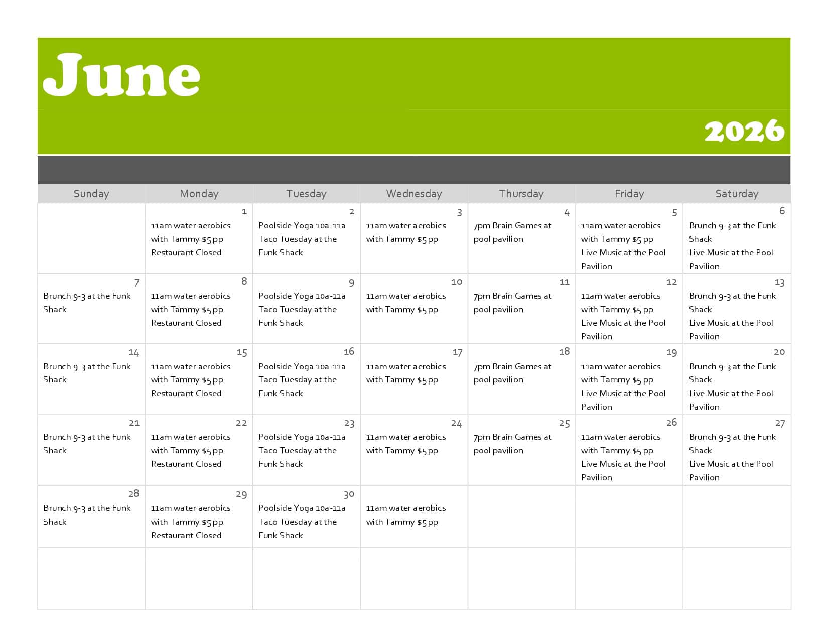 June 2026 calendar showing daily events, including brunch, water aerobics, yoga, trivia, brain games, live music, and restaurant hours at various locations.