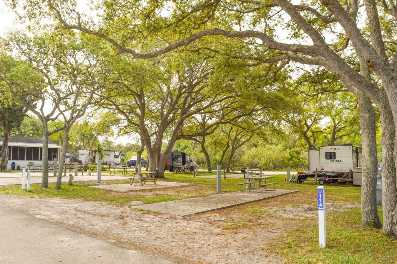 RV campground with several trailers parked among large trees, picnic tables at each site, and a paved road running alongside the camping area.