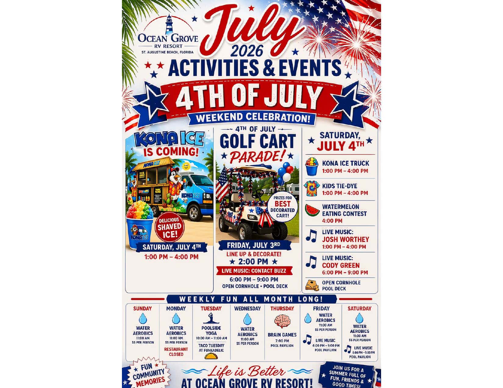 Fourth of July weekend event flyer for Ocean Grove RV Resort, listing activities like a golf cart parade, Kona Ice, live music, kids' games, and watermelon eating contests for July 2026.