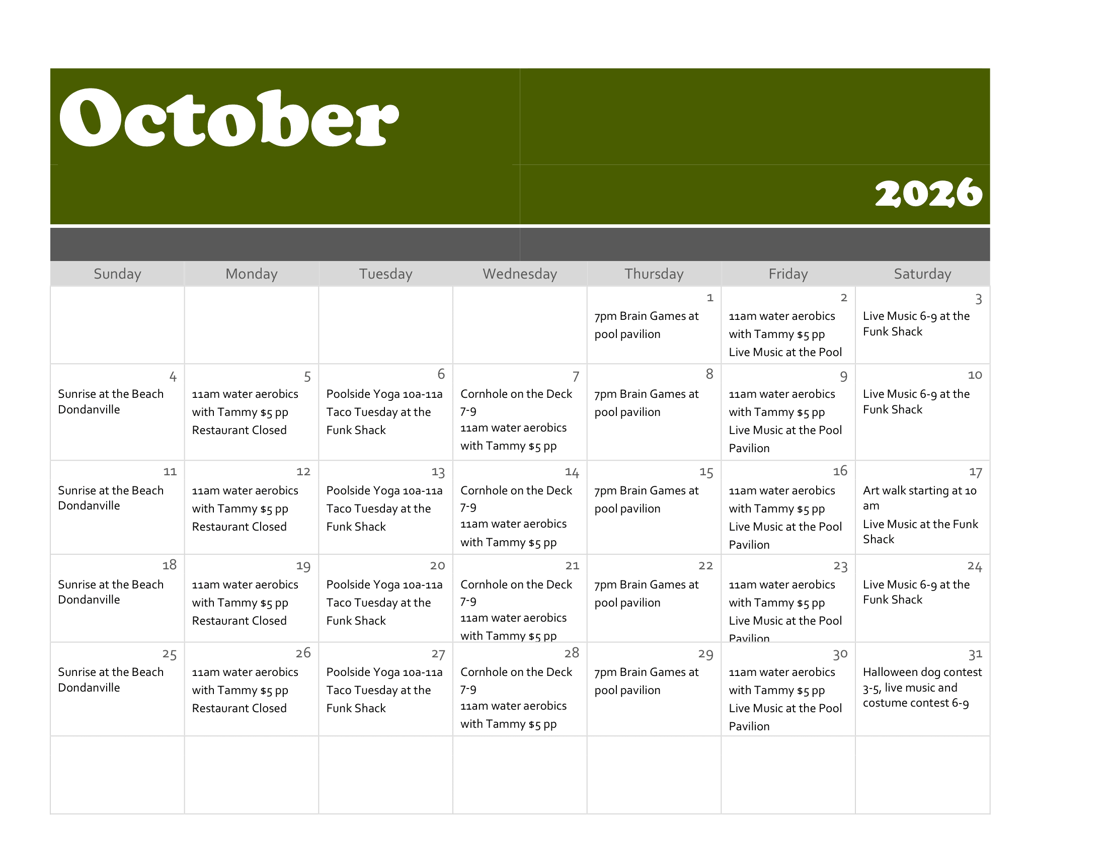 October 2026 calendar with daily events, including water aerobics, poolside yoga, Brain Games, live music, sunrises at the beach, and a Halloween costume contest on the 31st.