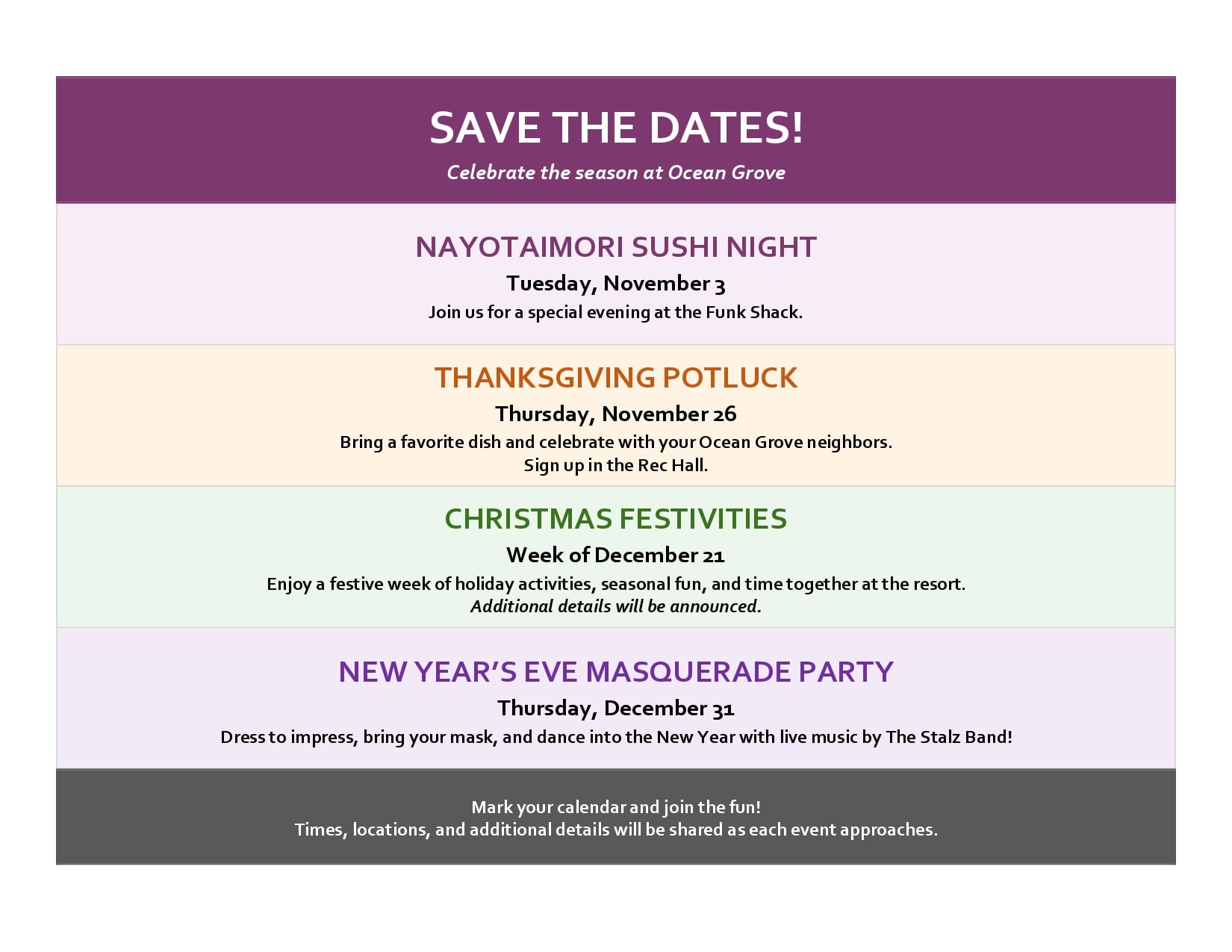 Event calendar listing: Sushi Night on Nov 3, Thanksgiving Potluck on Nov 26, Christmas Festivities the week of Dec 21, and a New Year’s Eve Masquerade Party on Dec 31.