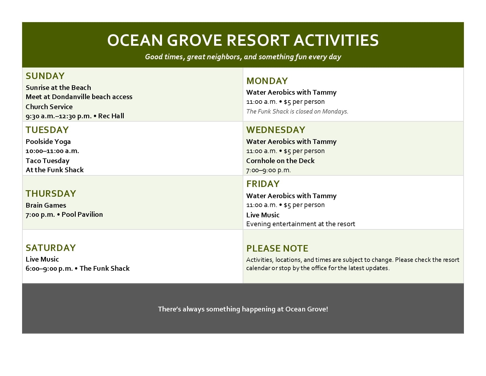Weekly activity schedule for Ocean Grove Resort, listing events and times for Sunday through Saturday.